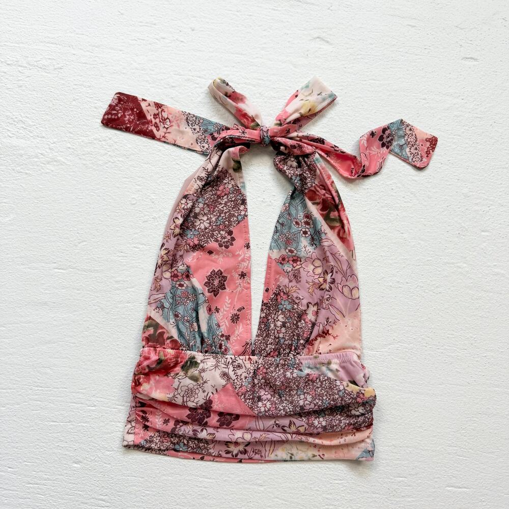 Shein Mesh Floral Ruched Halter Crop Top, Size Small